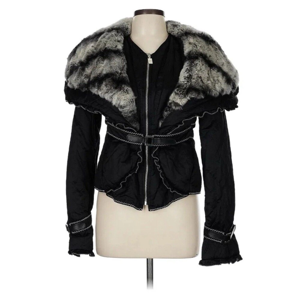 Shirt Passion Italia Fur Trim Puffer Jacket Coat Black Size 46 Made in Italy Y2K